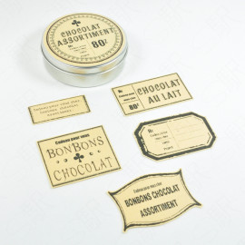 LampxPaperi Paper Products 80z - Chocolate Assortment Label Stickers with Tin Can